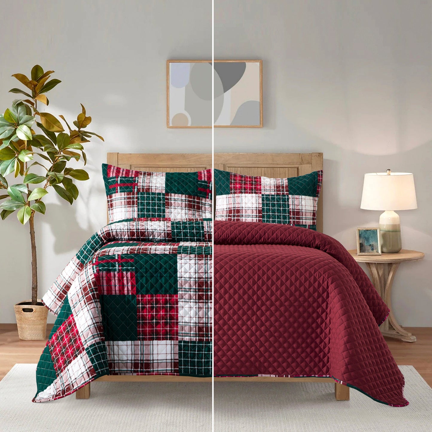 Mocassi 3-Piece Patch Plaid Quilted Reversible Bedspread Coverlet Set