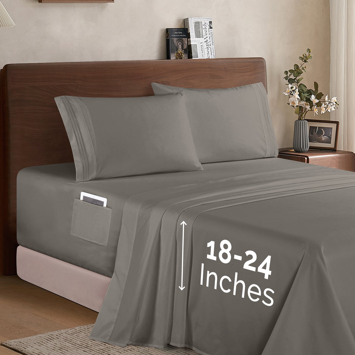 Mocassi Extra deep 18-24 Inch Pocket 3 Line Embroidery, 4-Piece Sheet Set, Moody Shades