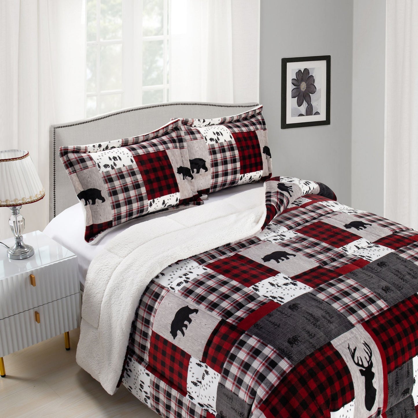 Mocassi 3 Piece Sherpa Patch Pattern Reversible Micro-Suede Comforter