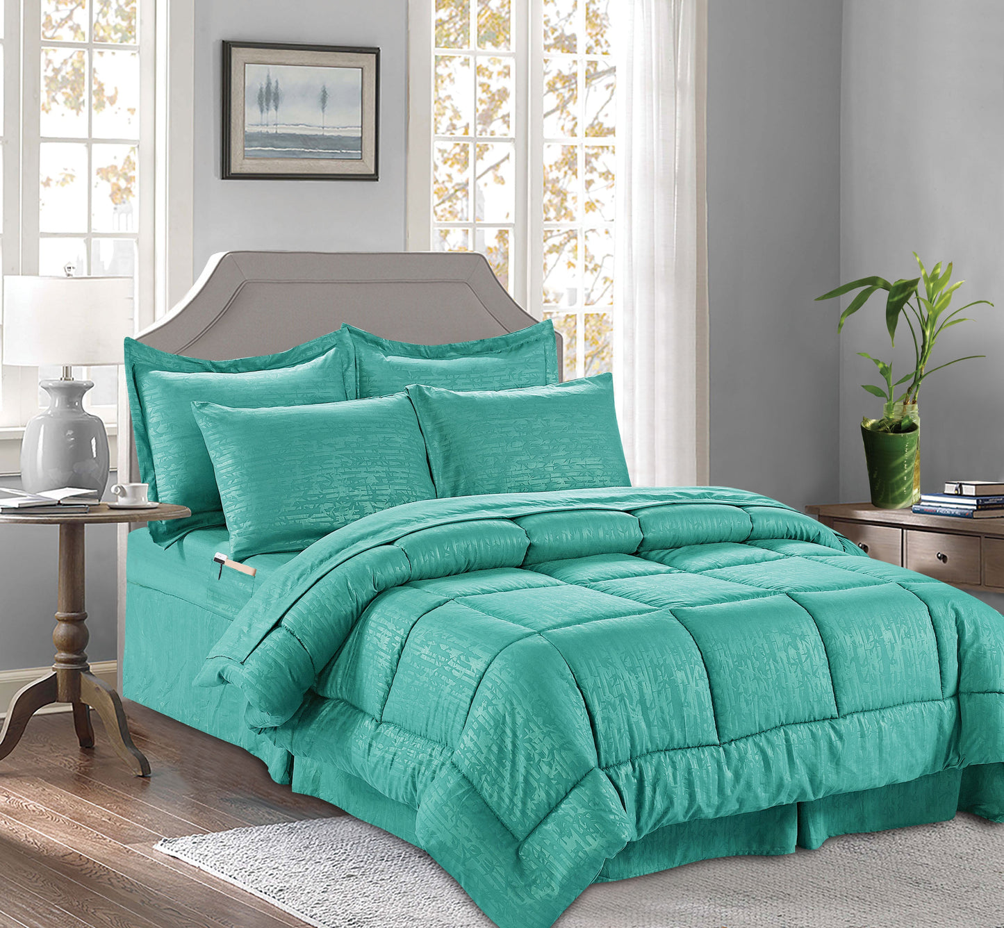 Mocassi 8 Piece Bamboo Pattern Comforter - Bed-in-a-Bag Includes Bed Sheet Set with Double Sided Storage Pockets.