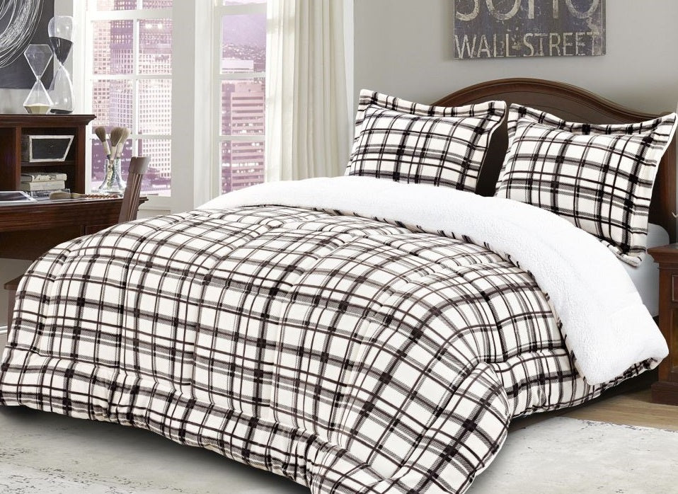 Mocassi 3 Piece Sherpa Plaid Pattern Reversible Micro-Suede Comforter