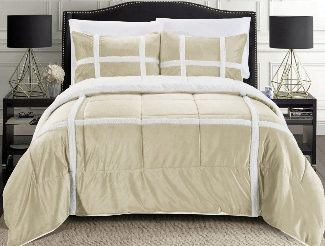 Mocassi 3 Piece Sherpa Stripe Pattern Softest Reversible Micro-Suede Comforter