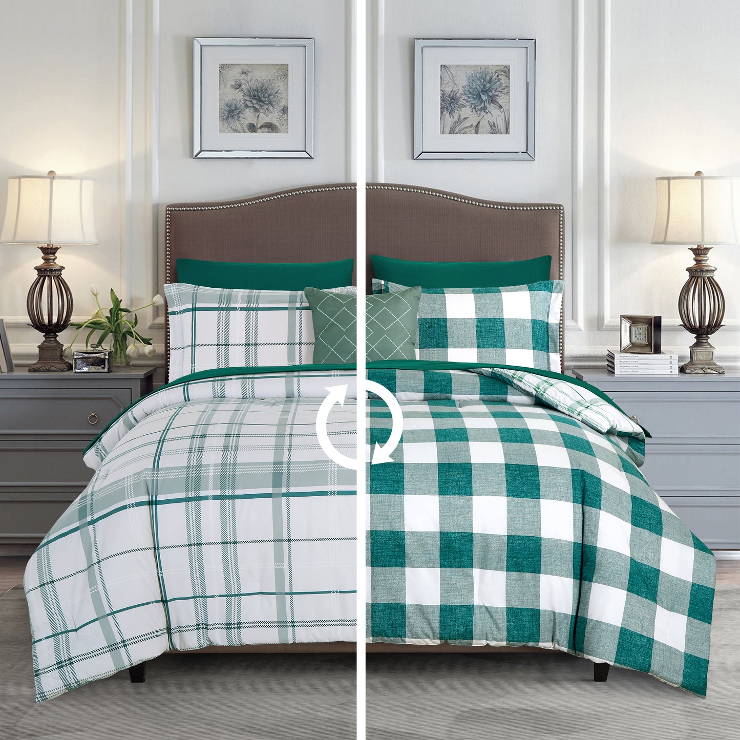Mocassi 8-Piece Lodge Plaid and Patch Reversible Comforter Set - Includes 4-Piece Sheet Set with Double Sided Storage Pockets