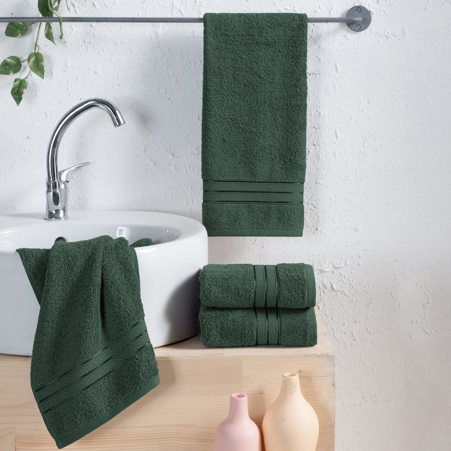 Mocassi 4 Pack Turkish Cotton Three Line Popcorn Hand Towel Set, 16 x 28 inch