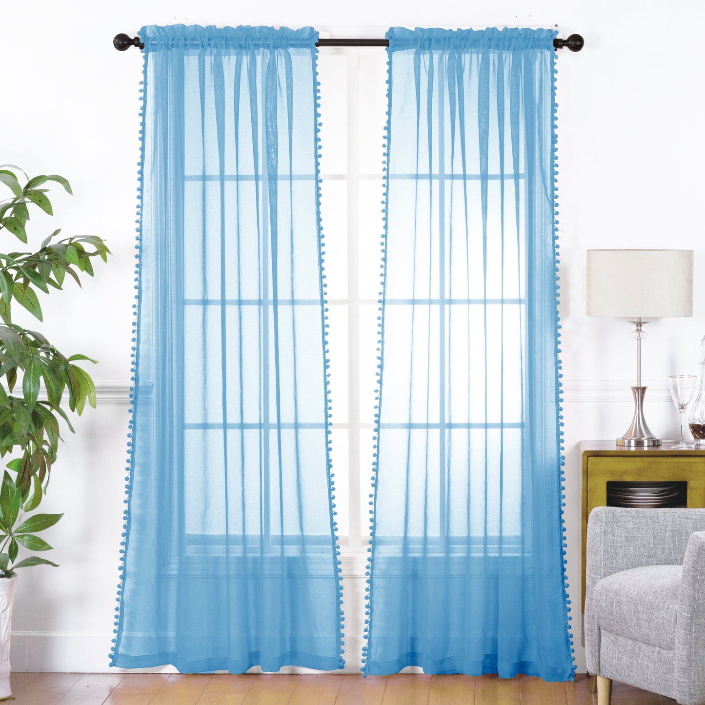 Mocassi Set of 2 Pom Pom Tassled Sheer Curtain with 2 inch Rod Pocket