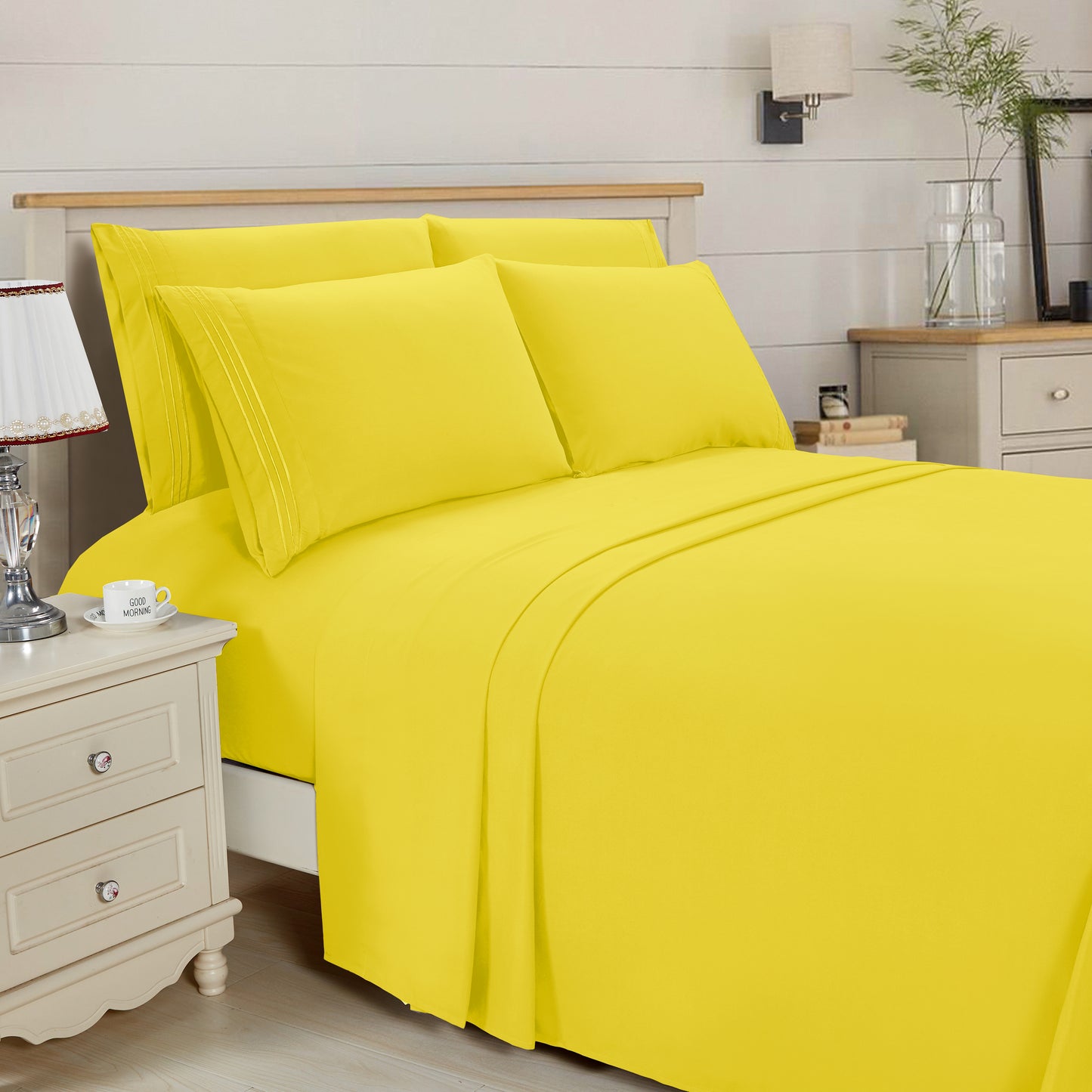 Mocassi 6-Piece 3 Line Embroidery Sheet Set, Bright Shades