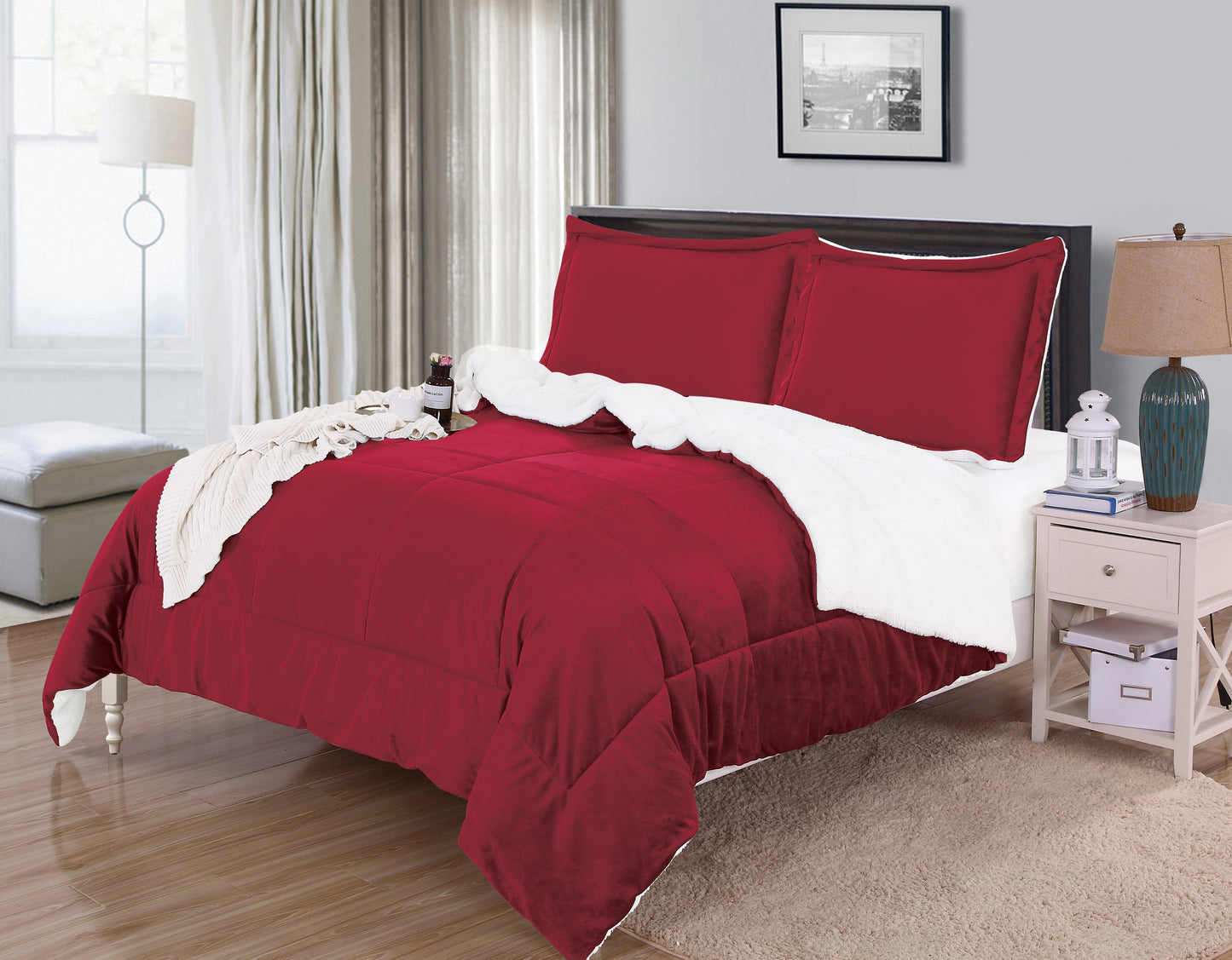 Mocassi 3 Piece Sherpa Solid - Premium Quality Heavy Weight Micro mink Sherpa-Backing Reversible Down Alternative Micro-Suede