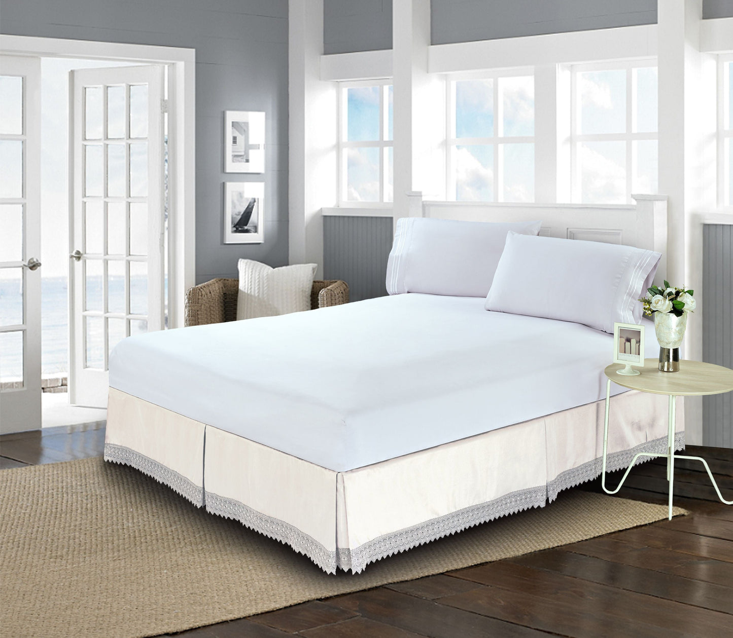 Mocassi Luxury Microfiber 1-Piece Lace Fringe Dust Ruffle/Bed Skirt with 15inch Drop.