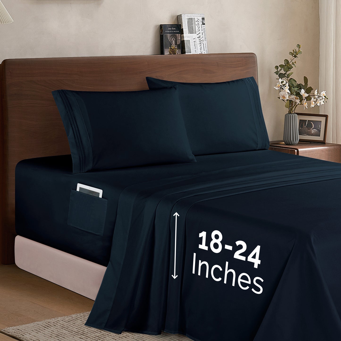 Mocassi Extra deep 18-24 Inch Pocket 3 Line Embroidery, 4-Piece Sheet Set, Moody Shades