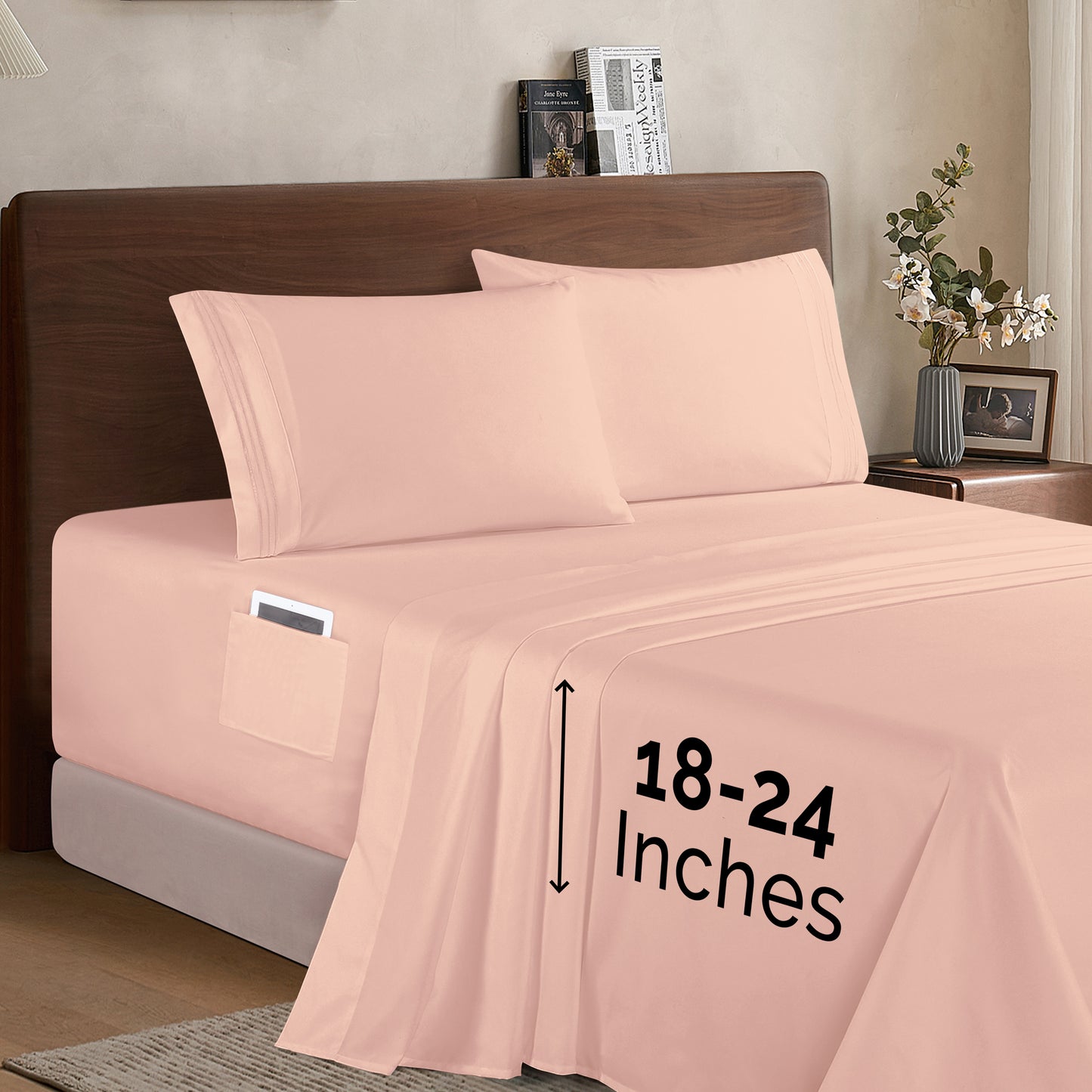 Mocassi Extra deep 18-24 Inch Pocket 3 Line Embroidery, 4-Piece Sheet Set, Bright Shades