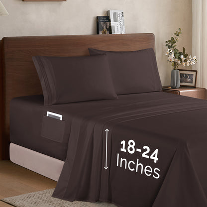 Mocassi Extra deep 18-24 Inch Pocket 3 Line Embroidery, 4-Piece Sheet Set, Moody Shades