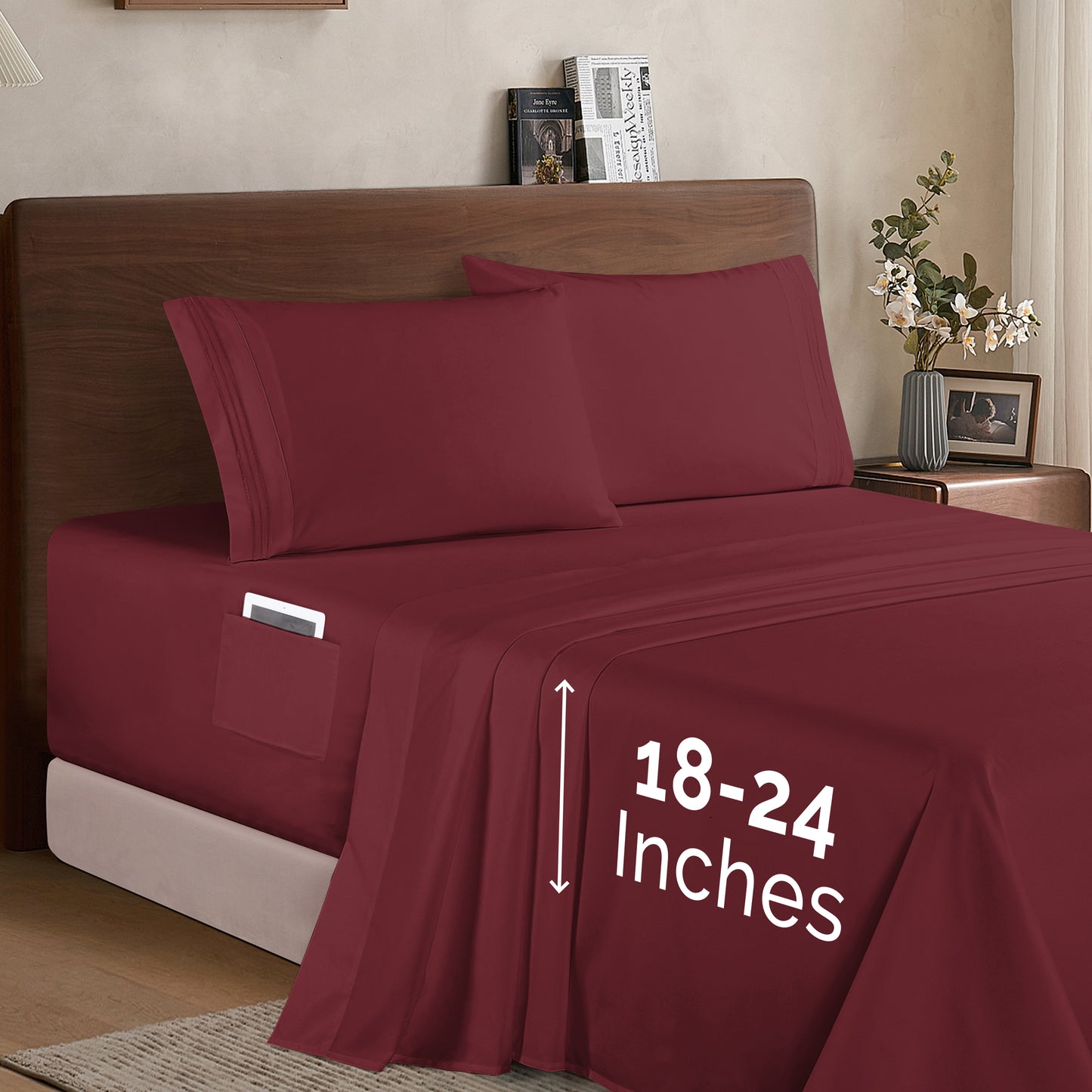 Mocassi Extra deep 18-24 Inch Pocket 3 Line Embroidery, 4-Piece Sheet Set, Moody Shades