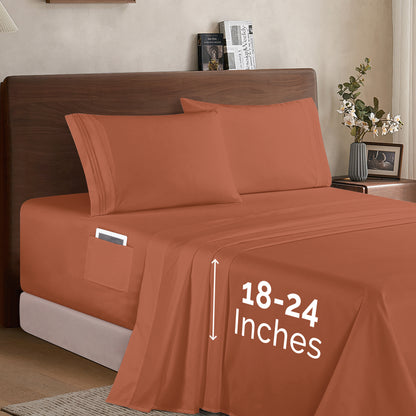 Mocassi Extra deep 18-24 Inch Pocket 3 Line Embroidery, 4-Piece Sheet Set, Moody Shades