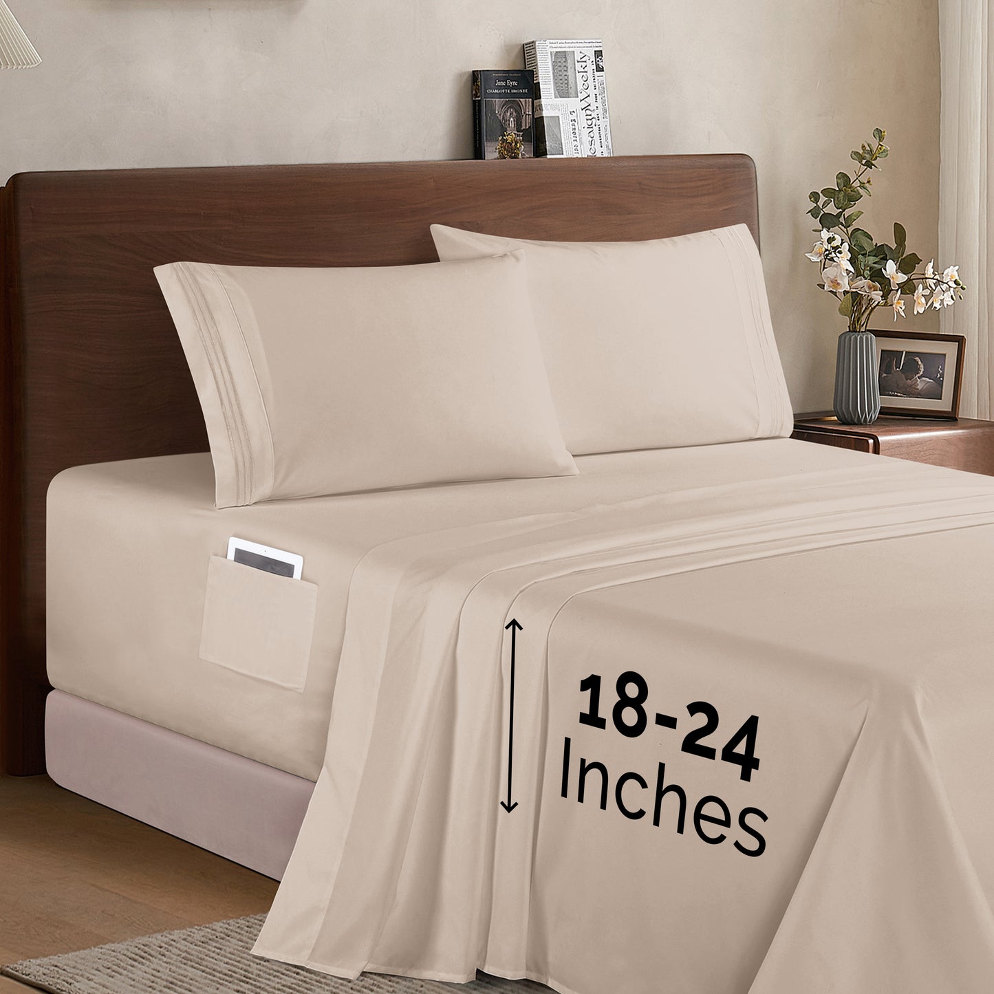 Mocassi Extra deep 18-24 Inch Pocket 3 Line Embroidery, 4-Piece Sheet Set, Bright Shades