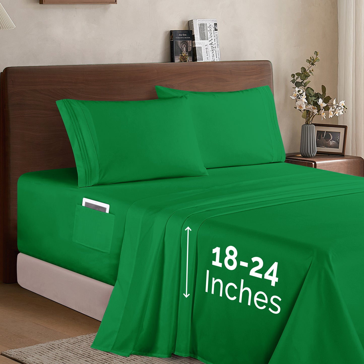 Mocassi Extra deep 18-24 Inch Pocket 3 Line Embroidery, 4-Piece Sheet Set, Bright Shades