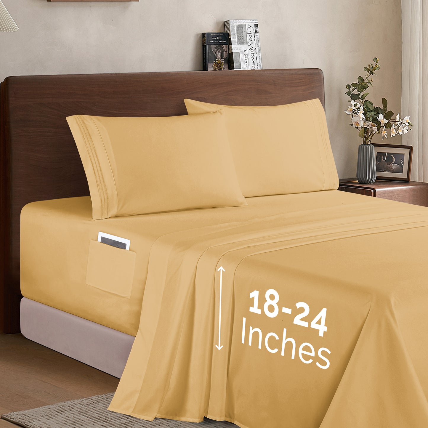 Mocassi Extra deep 18-24 Inch Pocket 3 Line Embroidery, 4-Piece Sheet Set, Bright Shades