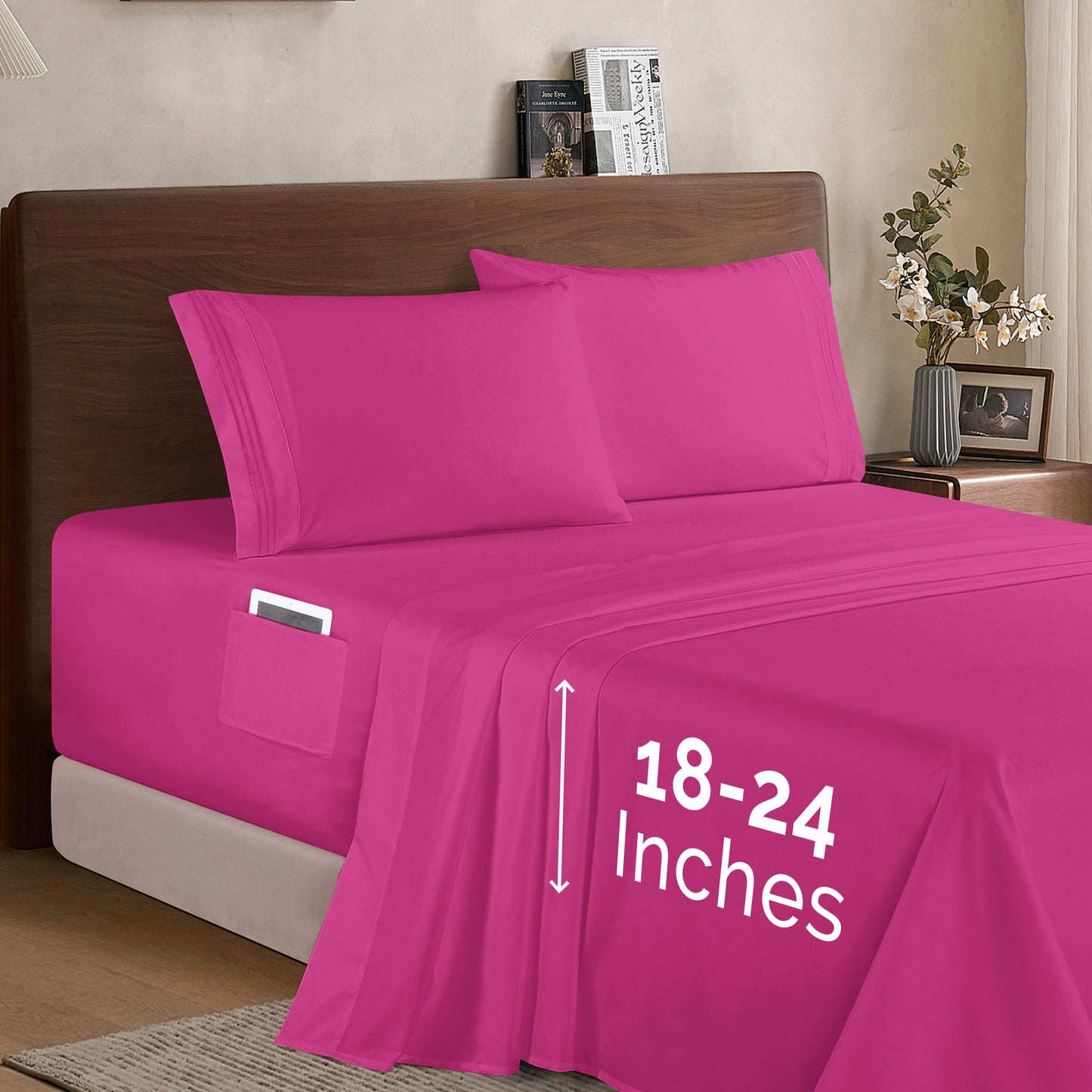 Mocassi Extra deep 18-24 Inch Pocket 3 Line Embroidery, 4-Piece Sheet Set, Bright Shades