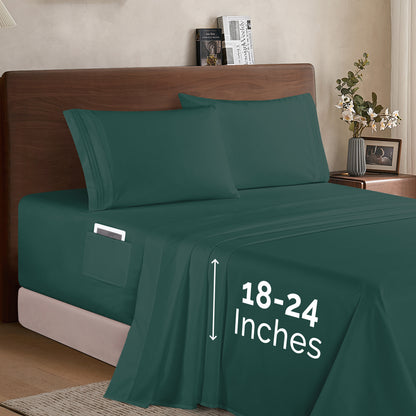 Mocassi Extra deep 18-24 Inch Pocket 3 Line Embroidery, 4-Piece Sheet Set, Moody Shades