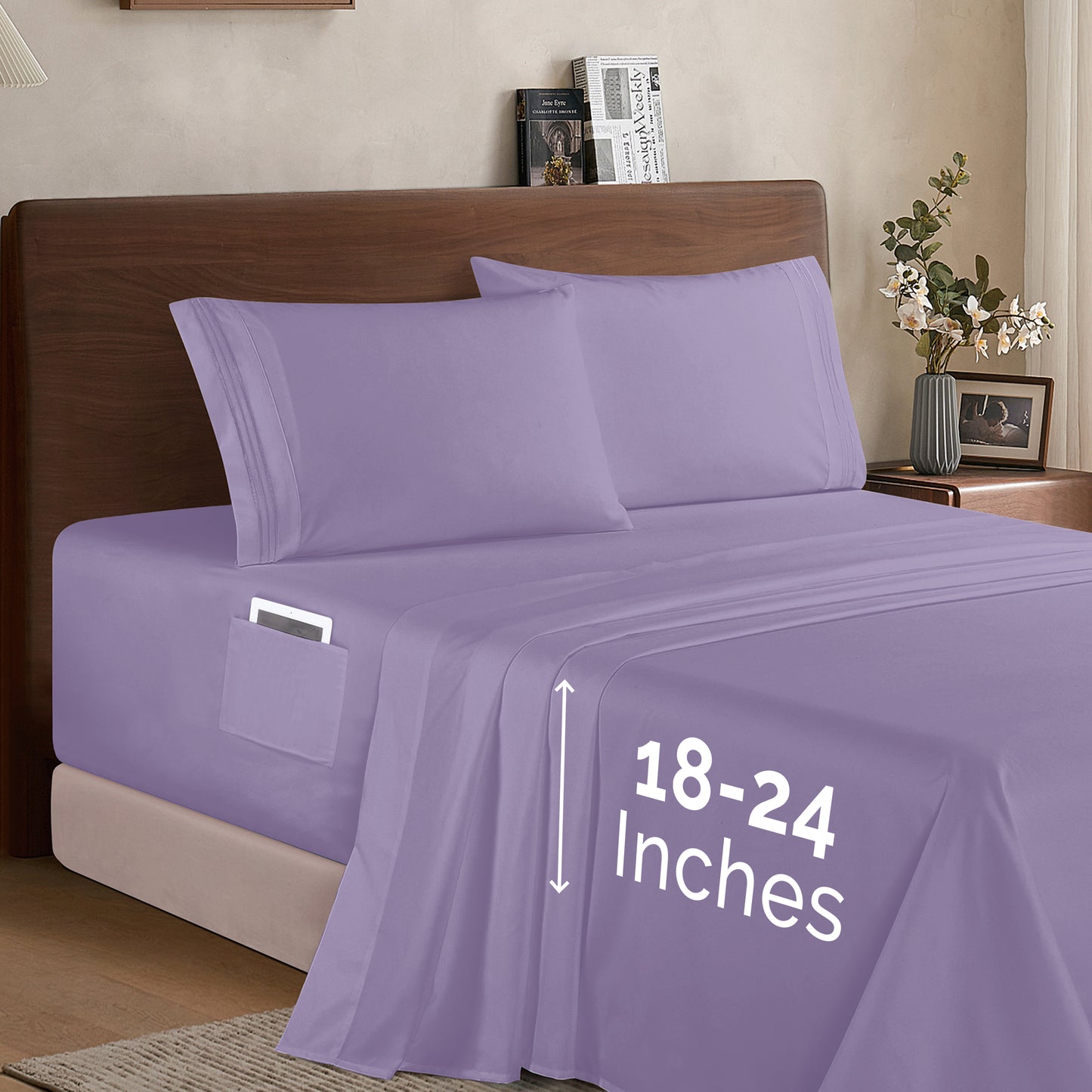 Mocassi Extra deep 18-24 Inch Pocket 3 Line Embroidery, 4-Piece Sheet Set, Bright Shades