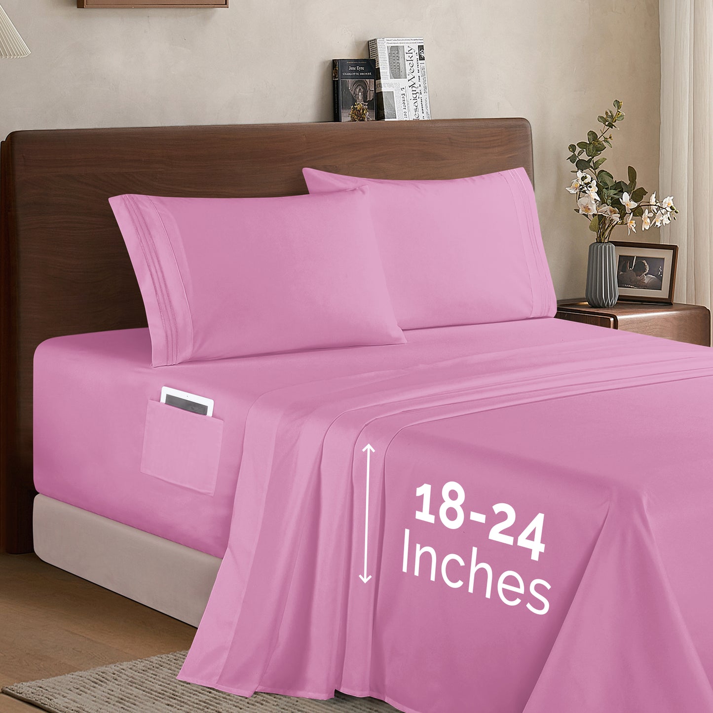 Mocassi Extra deep 18-24 Inch Pocket 3 Line Embroidery, 4-Piece Sheet Set, Bright Shades