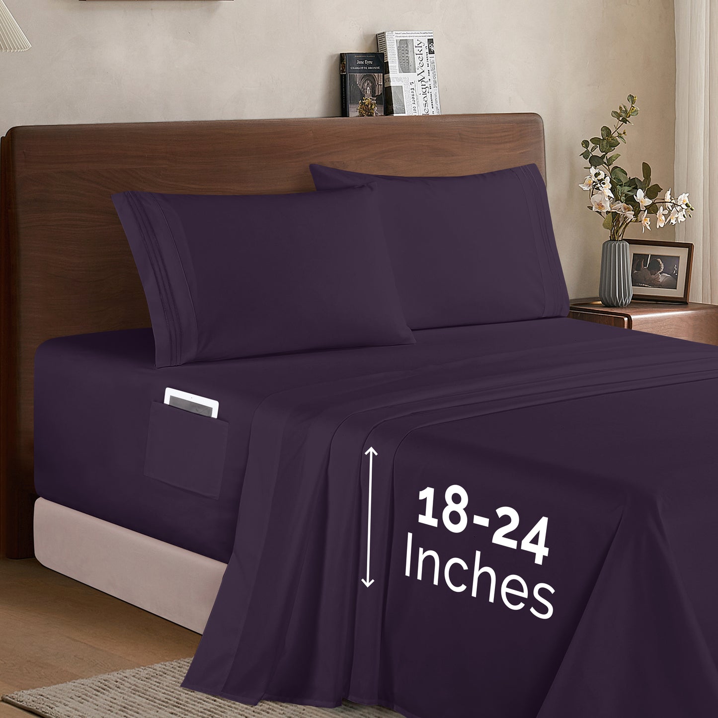 Mocassi Extra deep 18-24 Inch Pocket 3 Line Embroidery, 4-Piece Sheet Set, Moody Shades
