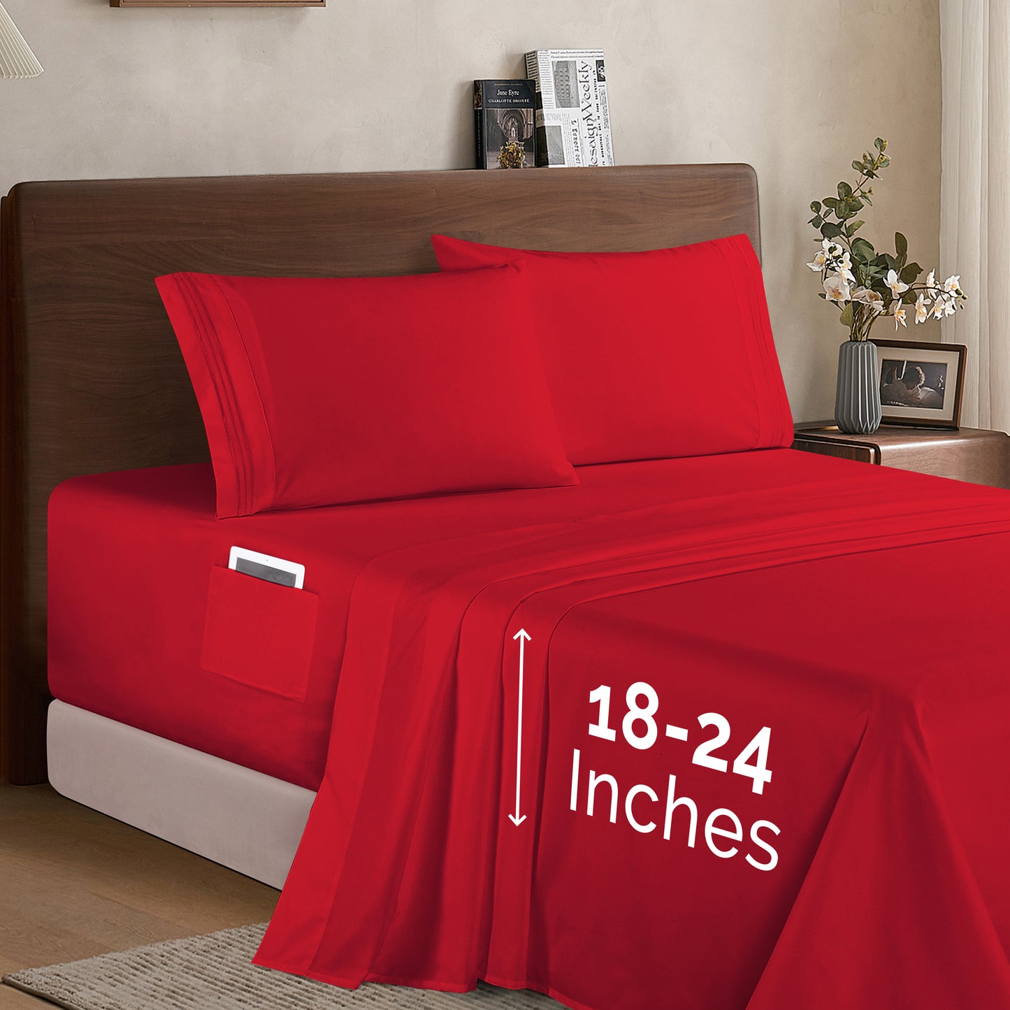 Mocassi Extra deep 18-24 Inch Pocket 3 Line Embroidery, 4-Piece Sheet Set, Bright Shades
