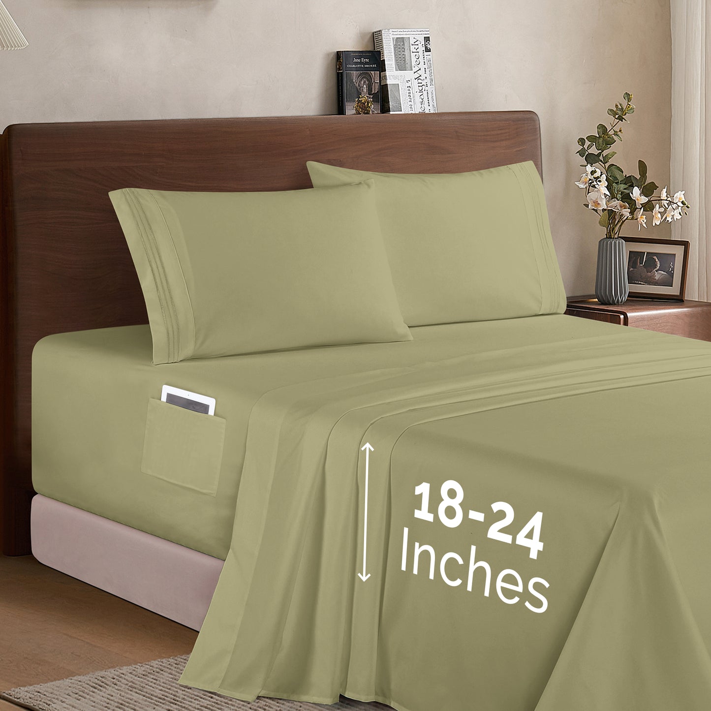 Mocassi Extra deep 18-24 Inch Pocket 3 Line Embroidery, 4-Piece Sheet Set, Moody Shades