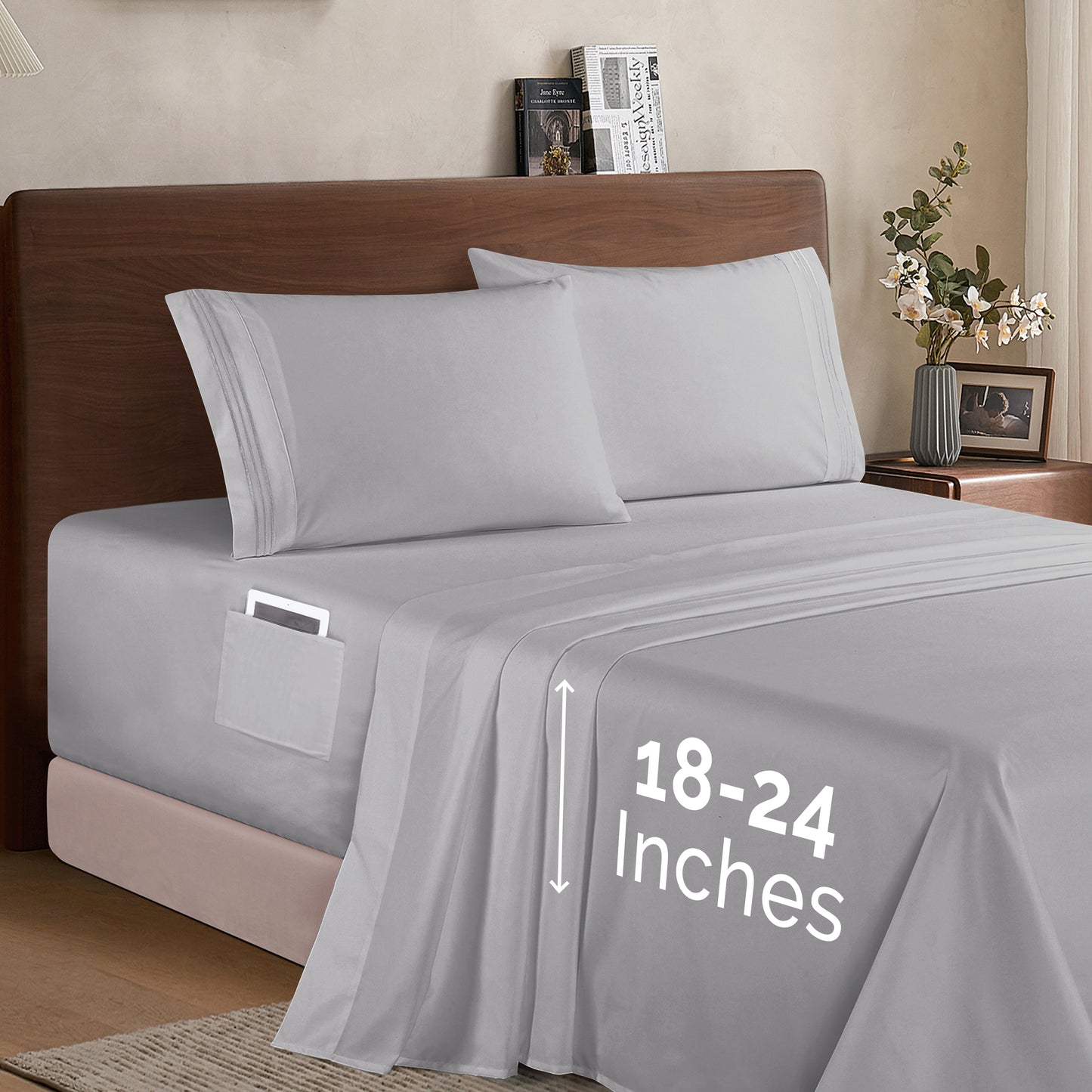 Mocassi Extra deep 18-24 Inch Pocket 3 Line Embroidery, 4-Piece Sheet Set, Bright Shades