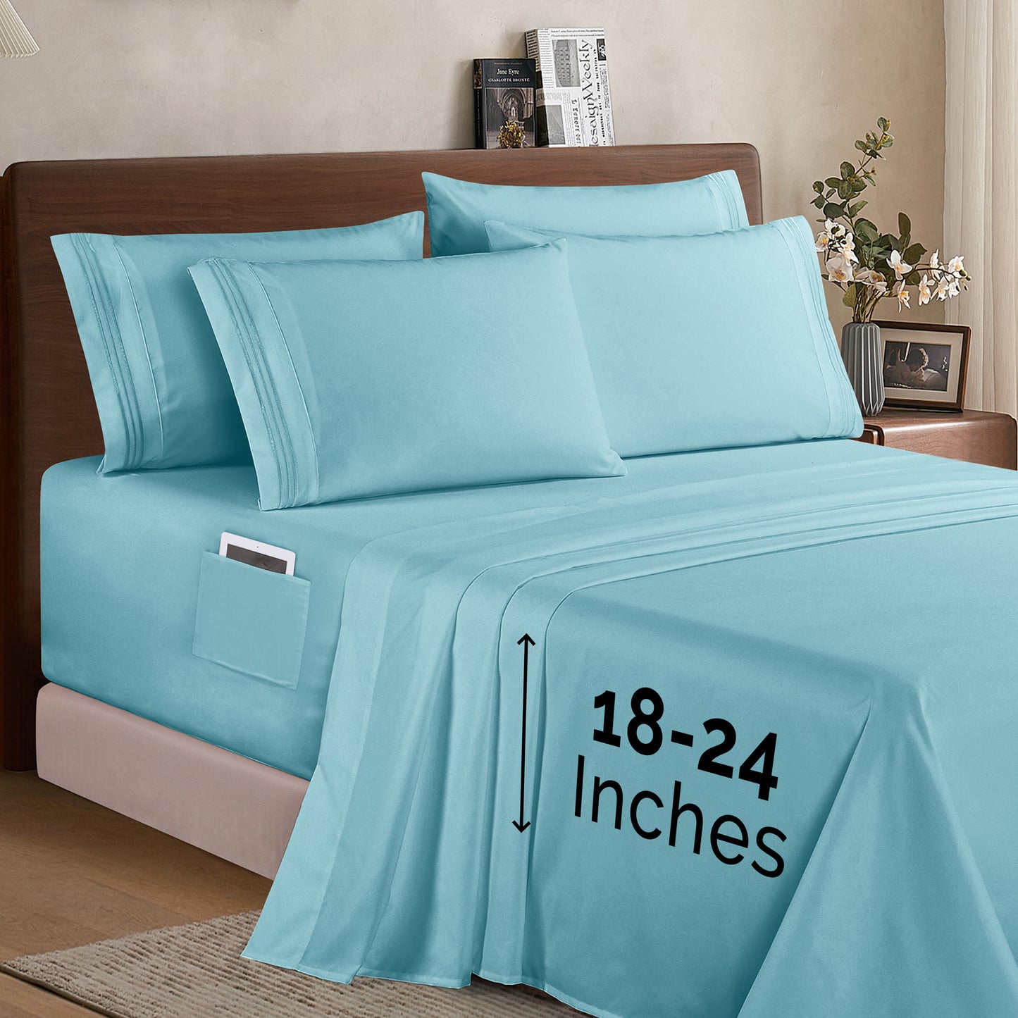 Mocassi Extra deep 18-24 Inch Pocket 3 Line Embroidery, 6-Piece Sheet Set, Bright Shades