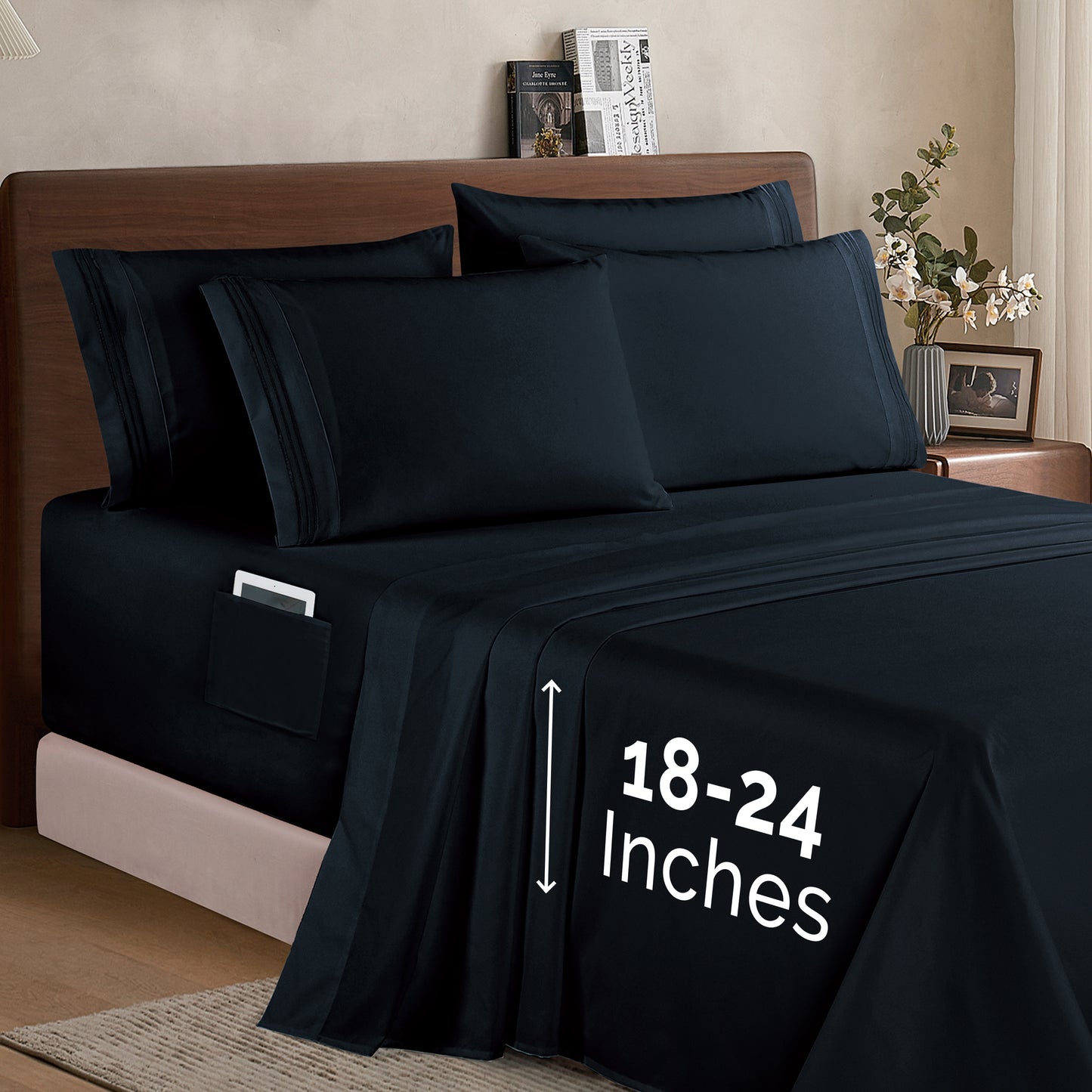 Mocassi Extra deep 18-24 Inch Pocket 3 Line Embroidery, 6-Piece Sheet Set, Moody Shades