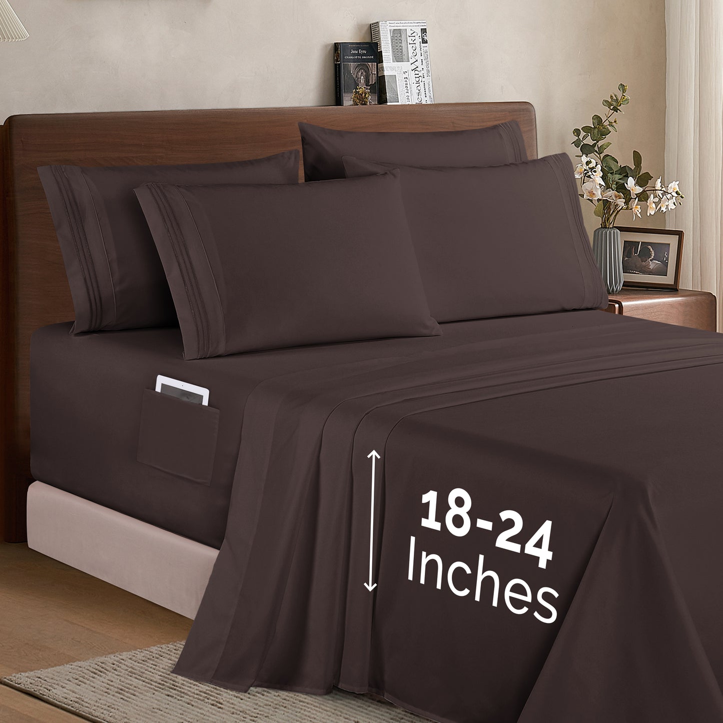 Mocassi Extra deep 18-24 Inch Pocket 3 Line Embroidery, 6-Piece Sheet Set, Moody Shades