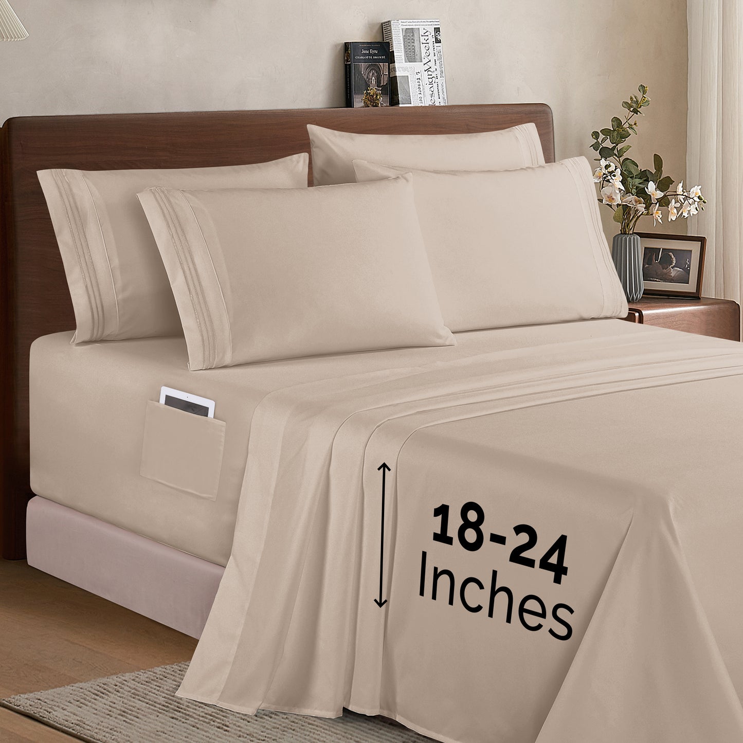 Mocassi Extra deep 18-24 Inch Pocket 3 Line Embroidery, 6-Piece Sheet Set, Bright Shades