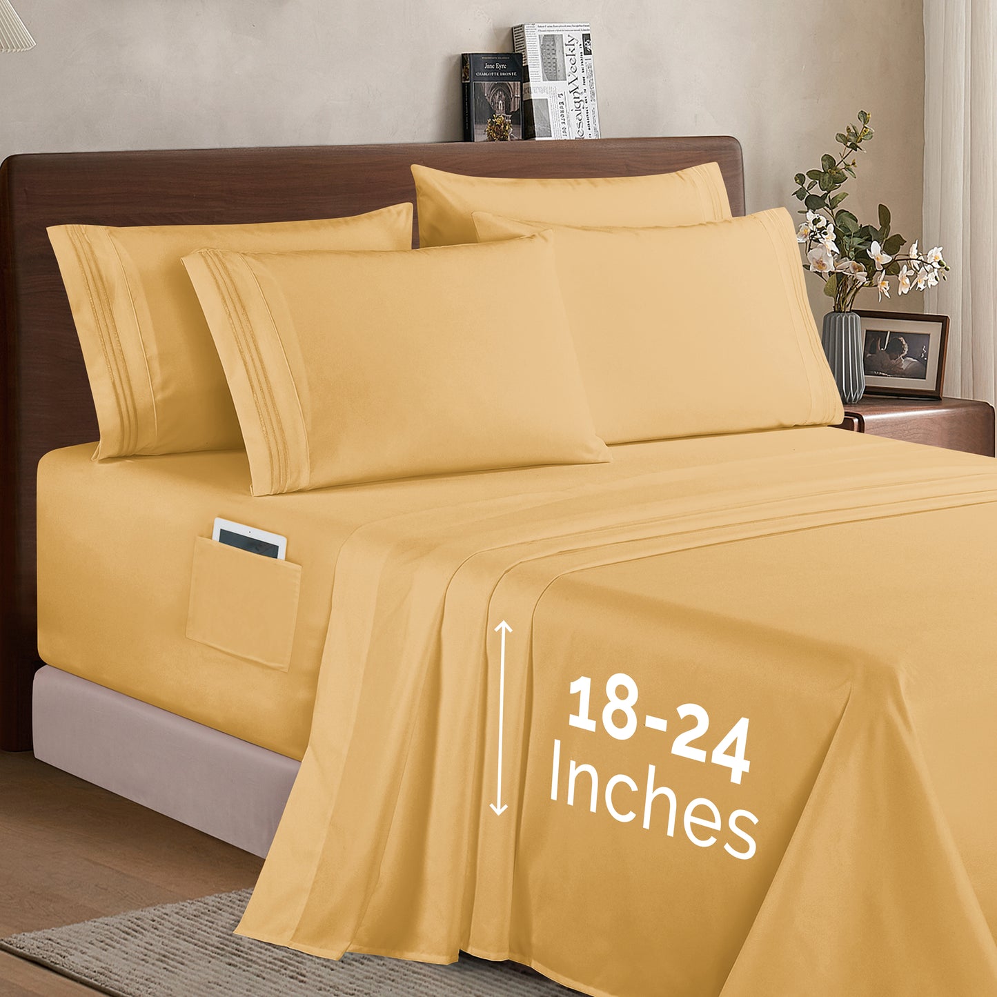 Mocassi Extra deep 18-24 Inch Pocket 3 Line Embroidery, 6-Piece Sheet Set, Bright Shades