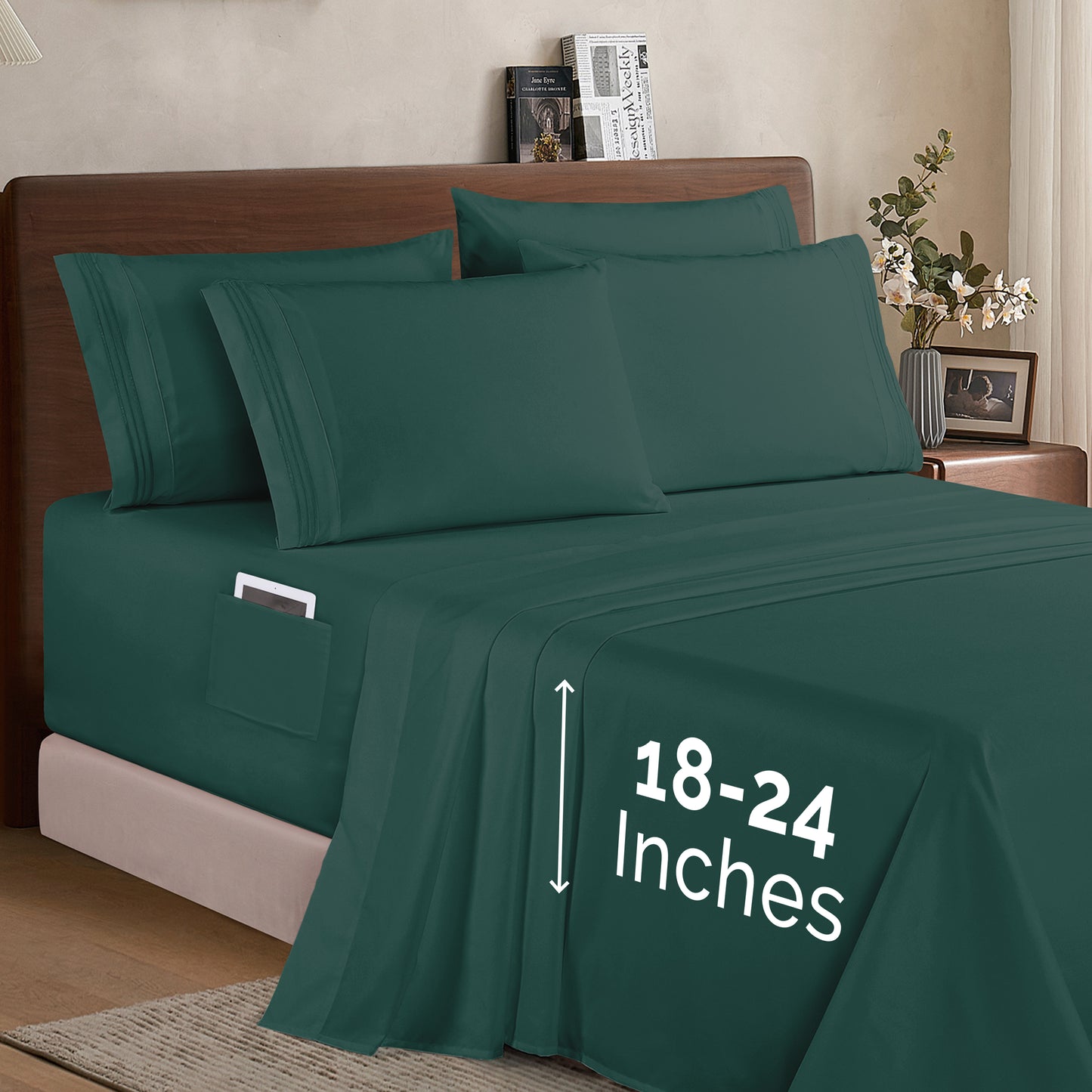 Mocassi Extra deep 18-24 Inch Pocket 3 Line Embroidery, 6-Piece Sheet Set, Moody Shades