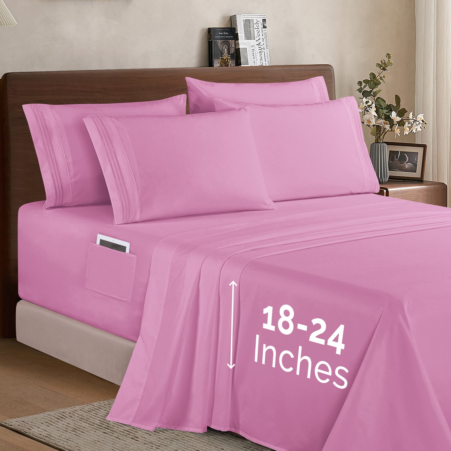 Mocassi Extra deep 18-24 Inch Pocket 3 Line Embroidery, 6-Piece Sheet Set, Bright Shades