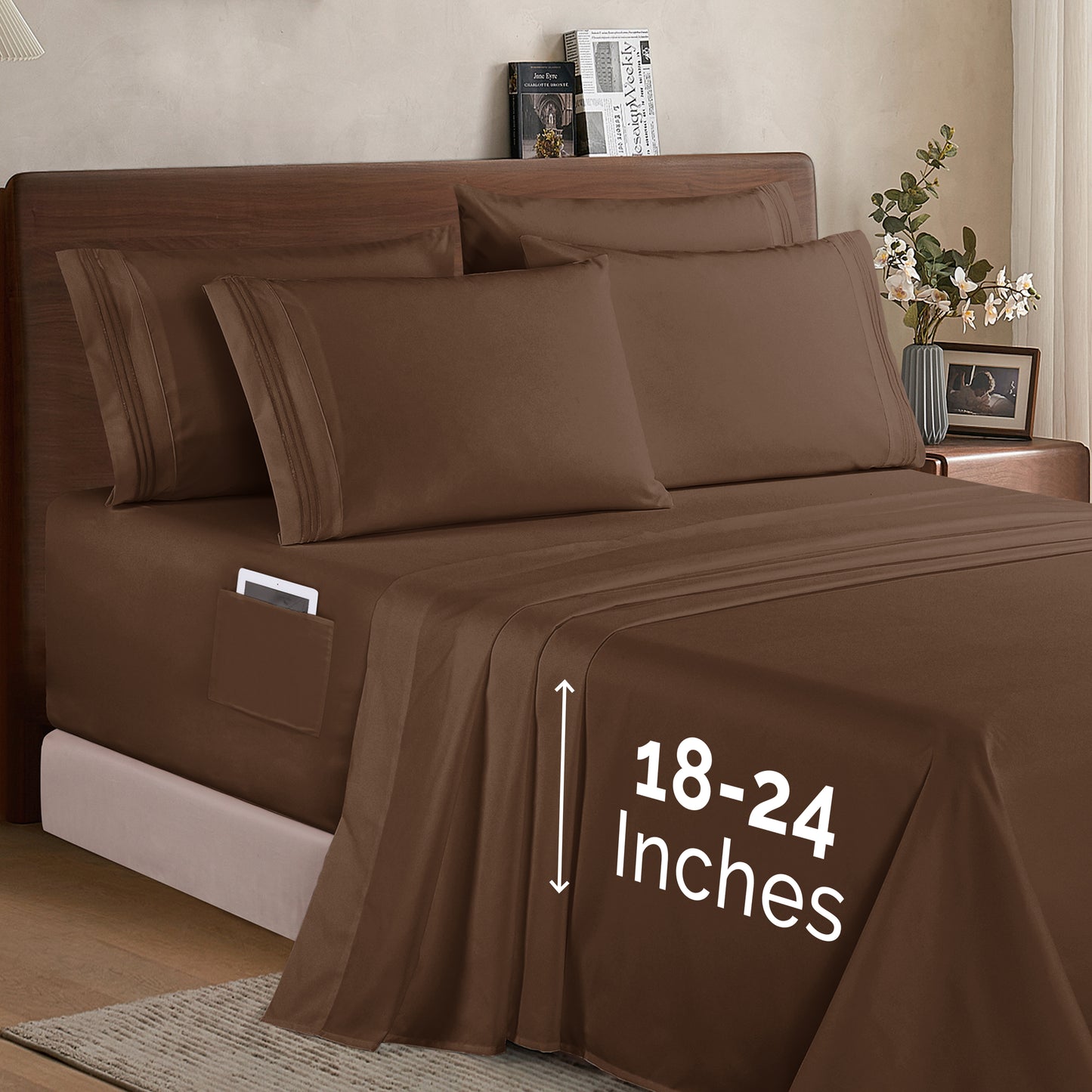 Mocassi Extra deep 18-24 Inch Pocket 3 Line Embroidery, 6-Piece Sheet Set, Moody Shades