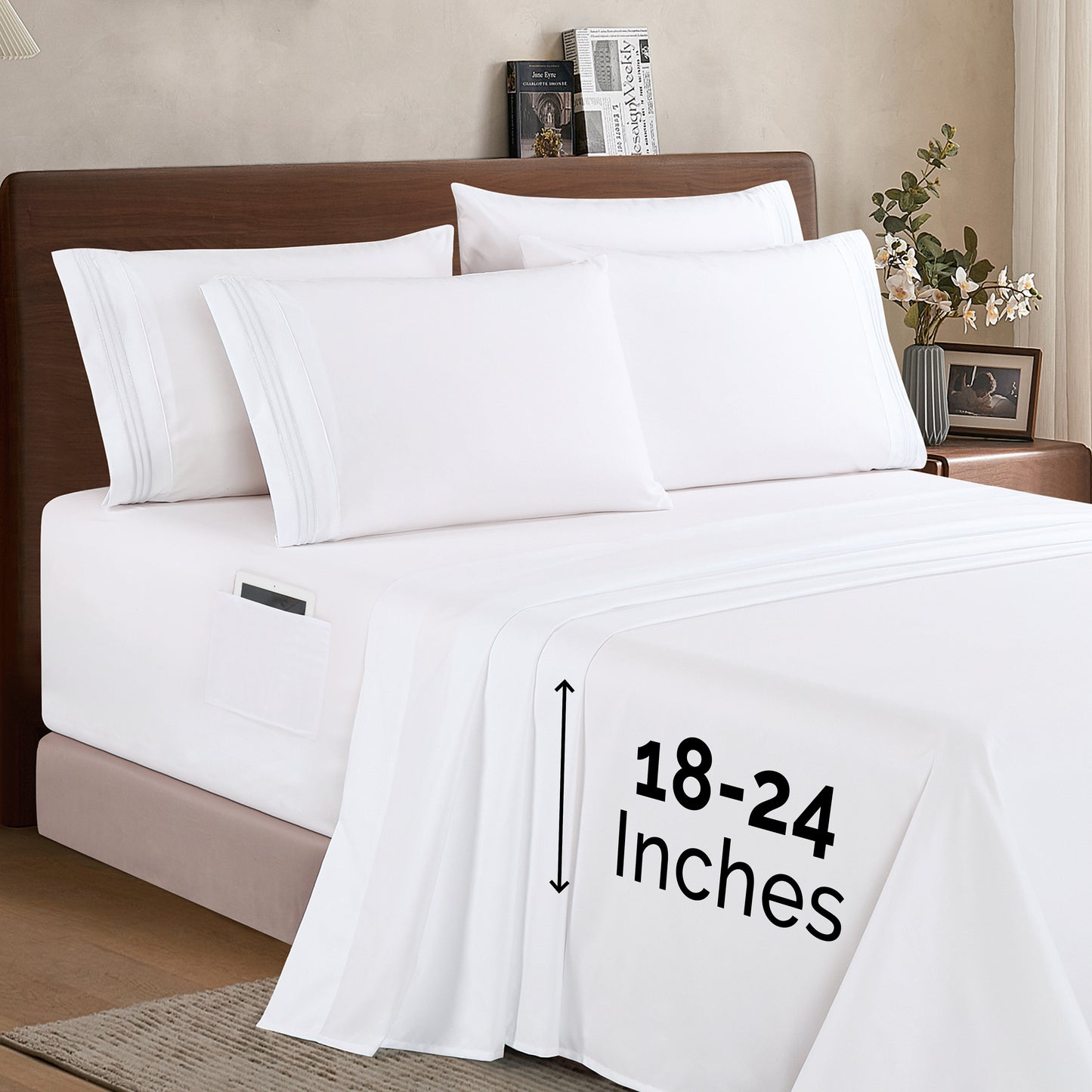 Mocassi Extra deep 18-24 Inch Pocket 3 Line Embroidery, 6-Piece Sheet Set, Bright Shades