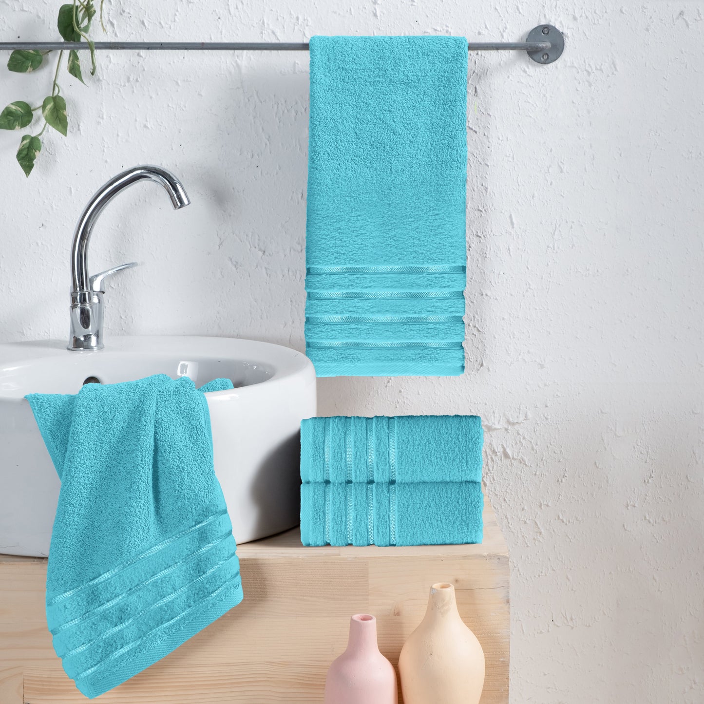 Mocassi 4-Pack Turkish Cotton 4 Lines Stripe Hand Towel Set, 16 x 28 inch