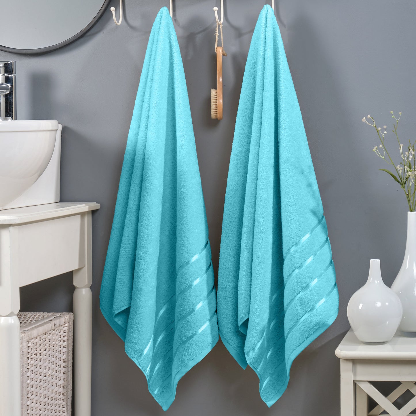 Mocassi 2-Pack Premium Turkish Cotton 4 Lines Stripe Bath Towel Set, 27 x 54 inch