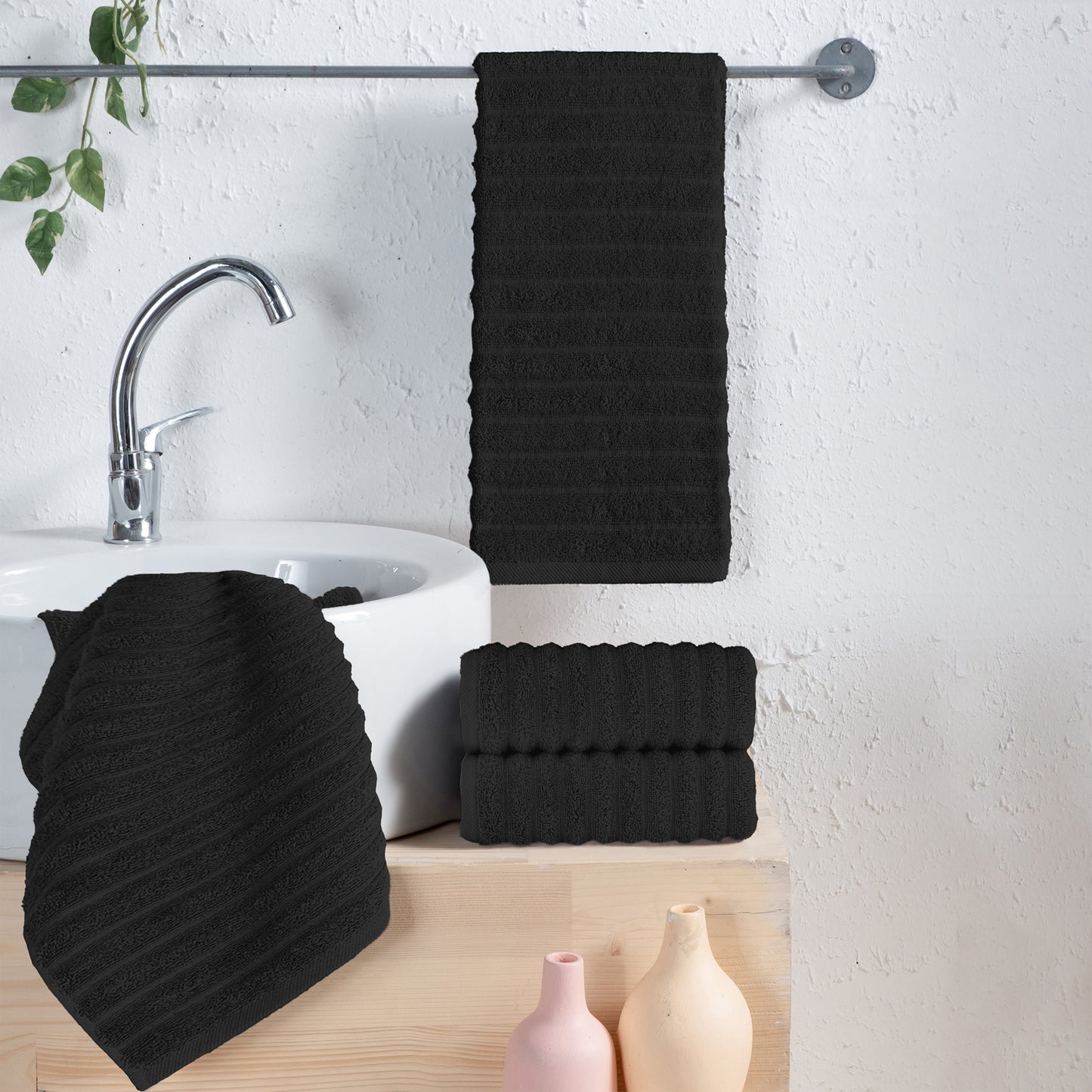 Mocassi 4-Pack Premium Turkish Cotton Corduroy Stripe Hand Towel Set, 16 x 28 inch