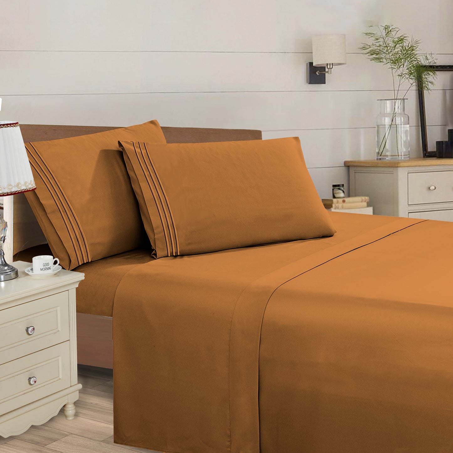 Mocassi 4 Piece 3 Line Embroidered Egyptian Quality Super Soft Wrinkle Resistant 1500 Series Sheet Set (Dark Colors)