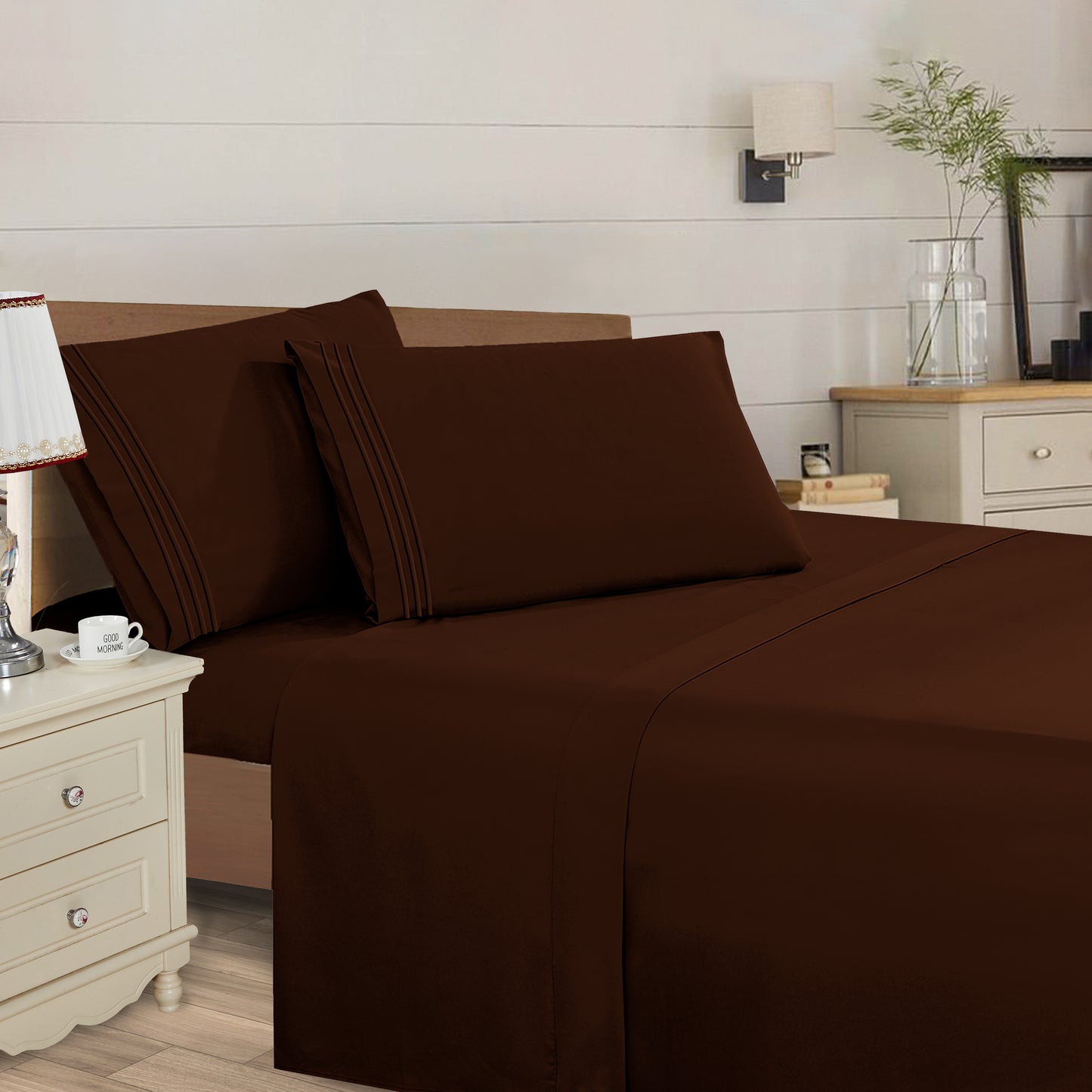 Mocassi 4 Piece 3 Line Embroidered Egyptian Quality Super Soft Wrinkle Resistant 1500 Series Sheet Set (Dark Colors)
