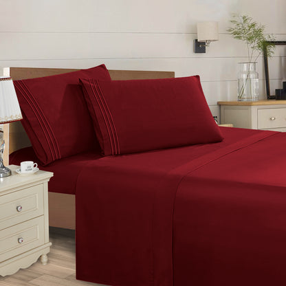 Mocassi 4 Piece 3 Line Embroidered Egyptian Quality Super Soft Wrinkle Resistant 1500 Series Sheet Set (Dark Colors)
