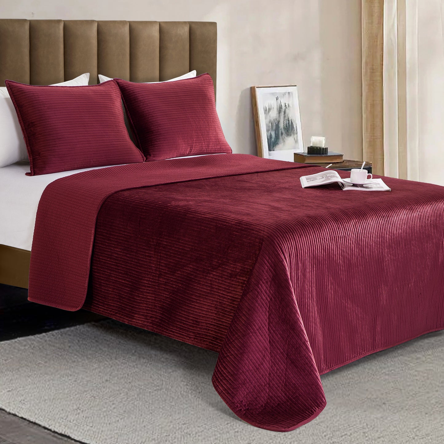 Mocassi 3-Piece Velvet Corduroy Stripe Quilted Bedspread Coverlet Set