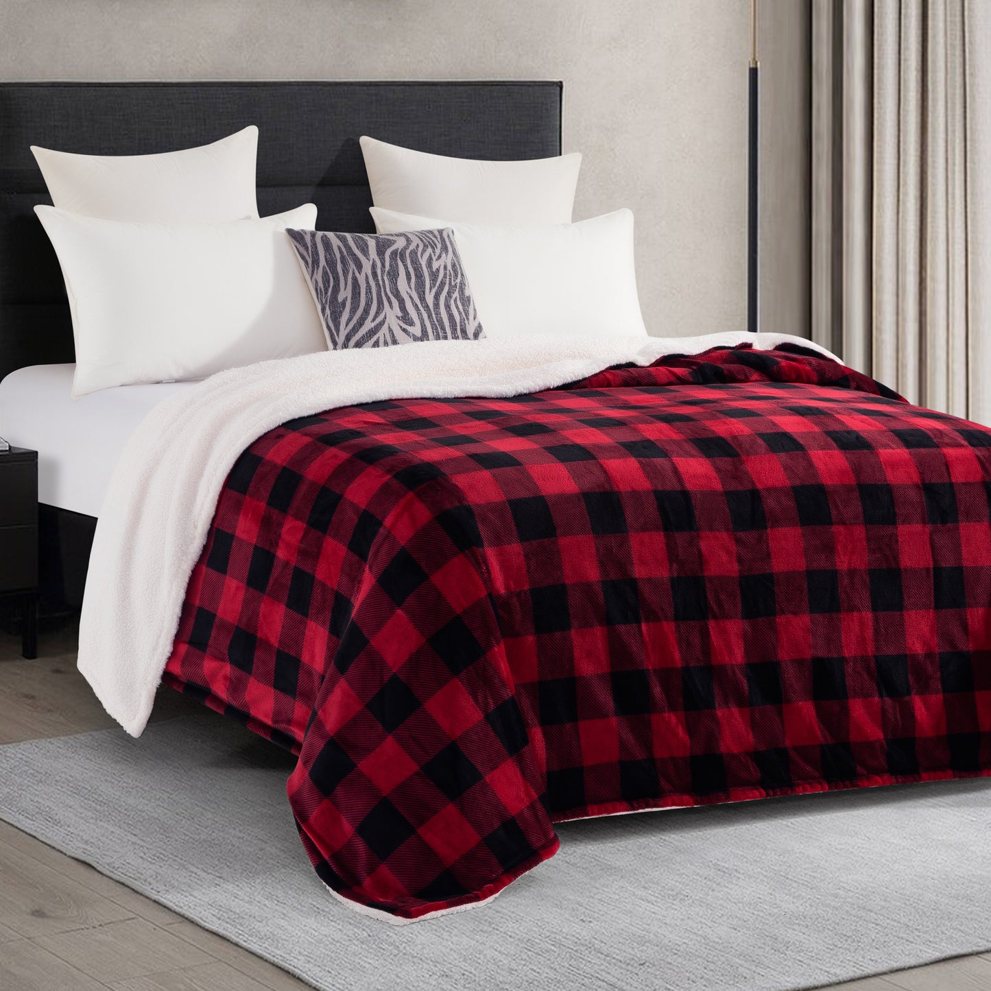 Mocassi Buffalo Plaid Flannel Fleece Sherpa Throw Blanket