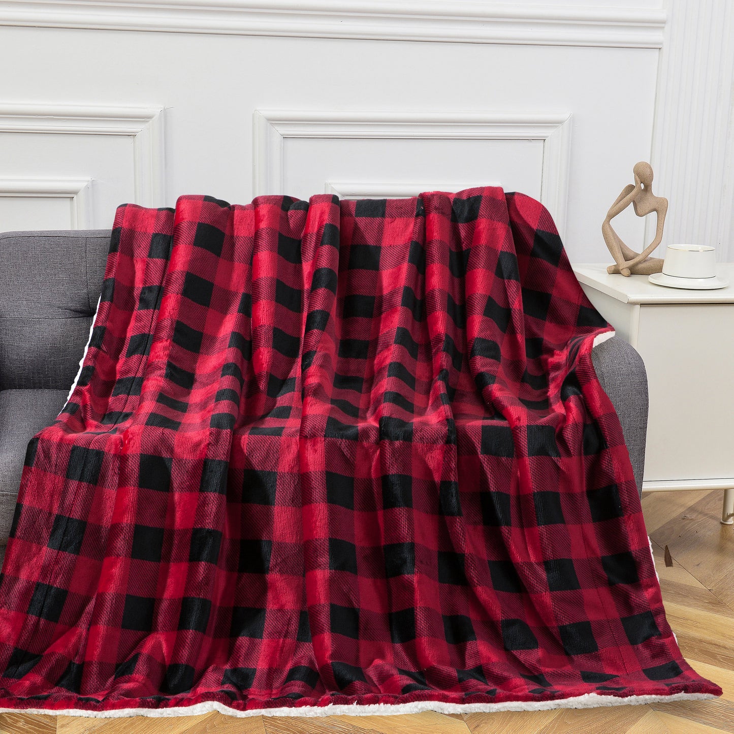 Mocassi Buffalo Plaid Flannel Fleece Sherpa Throw Blanket