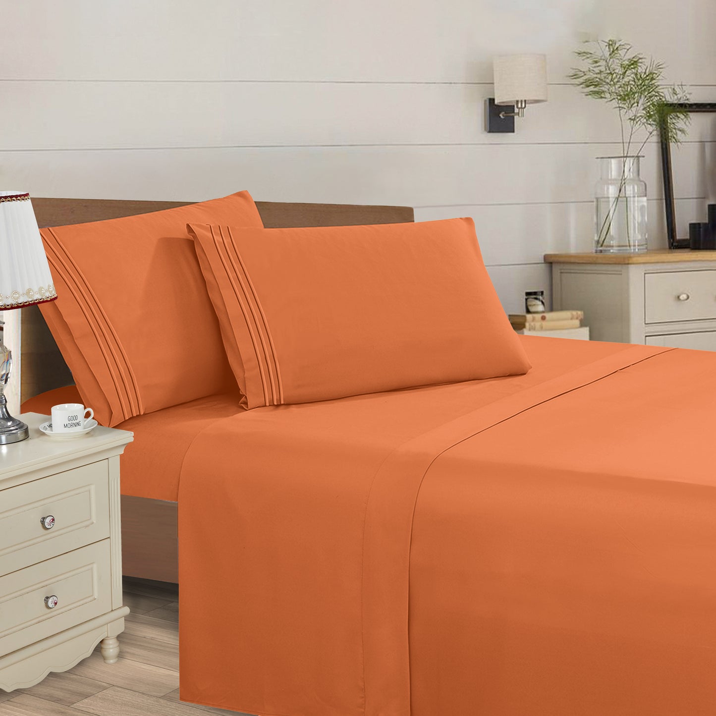 Mocassi 4 Piece 3 Line Embroidered Egyptian Quality Super Soft Wrinkle Resistant 1500 Series Sheet Set (Dark Colors)