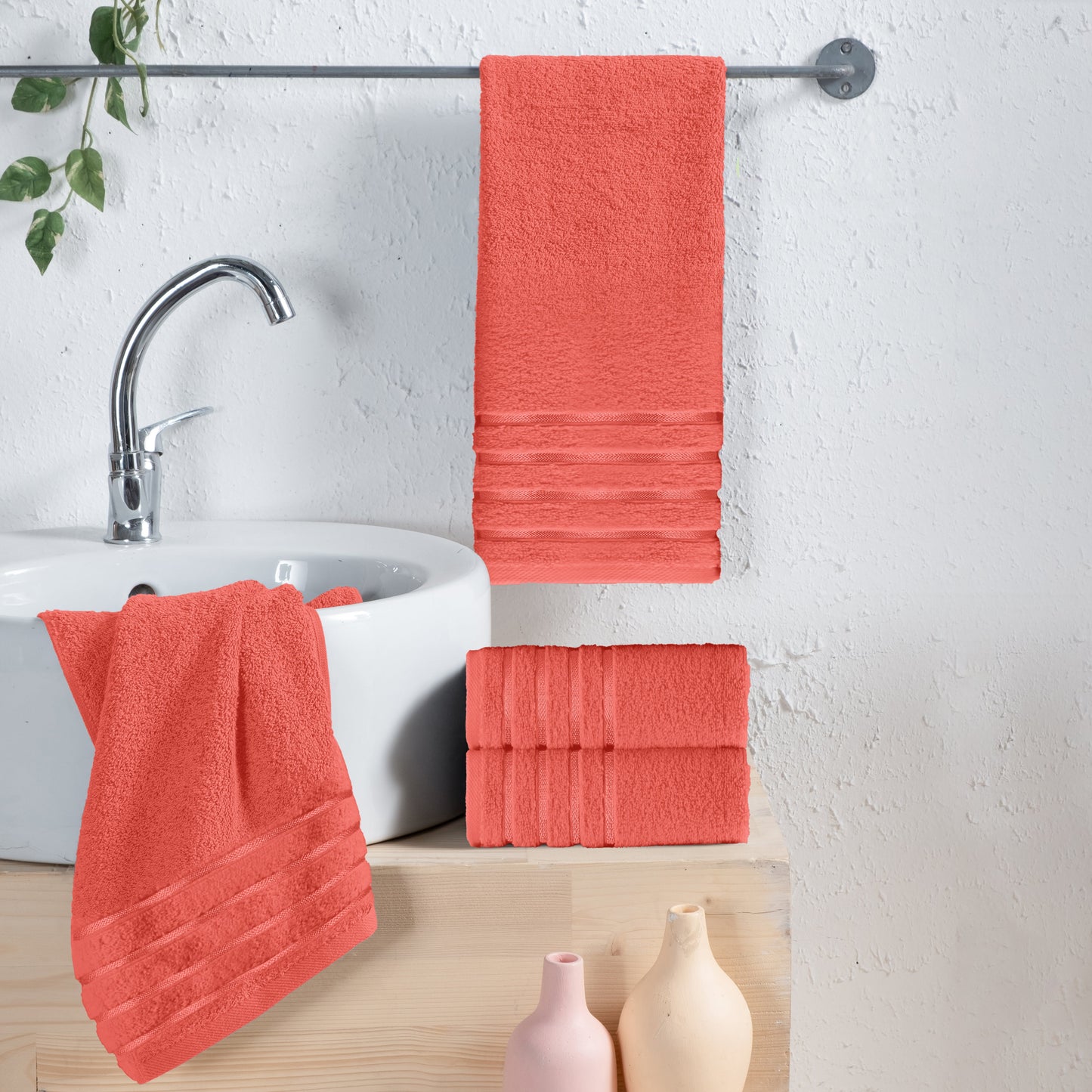 Mocassi 4-Pack Turkish Cotton 4 Lines Stripe Hand Towel Set, 16 x 28 inch