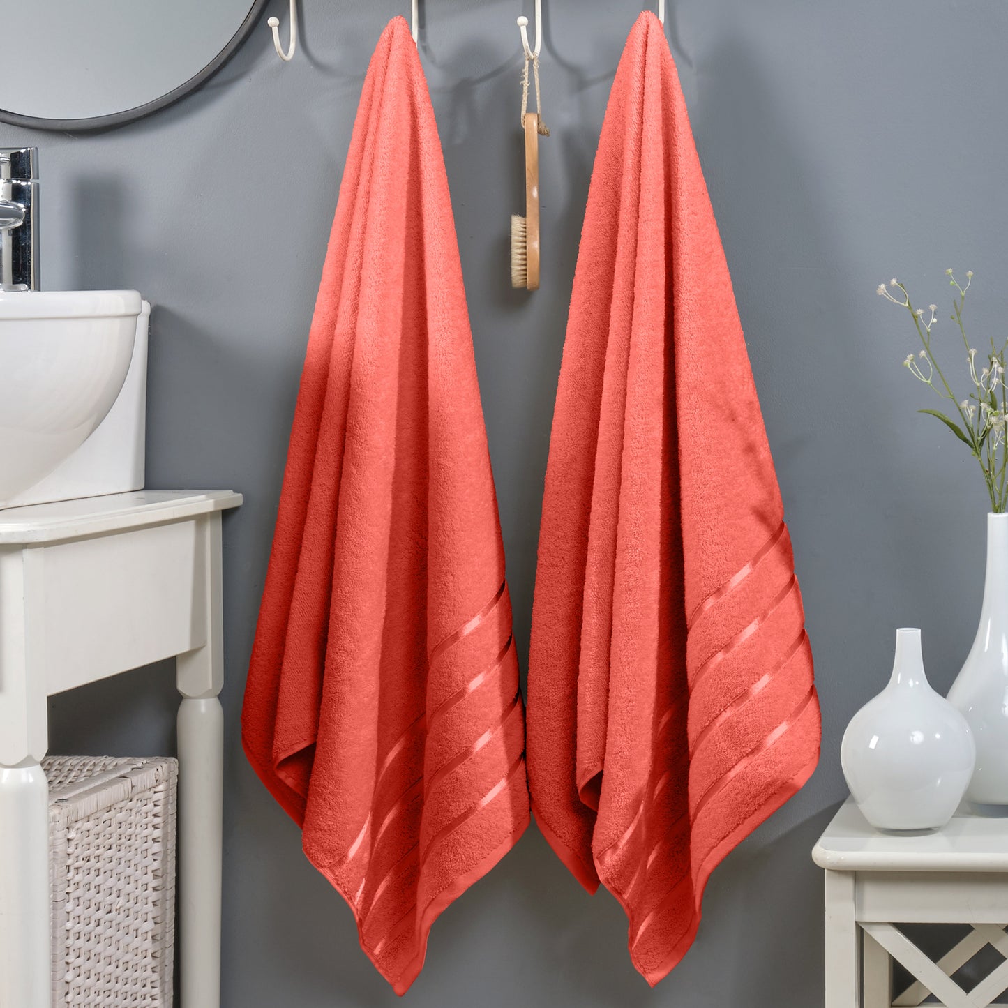 Mocassi 2-Pack Premium Turkish Cotton 4 Lines Stripe Bath Towel Set, 27 x 54 inch