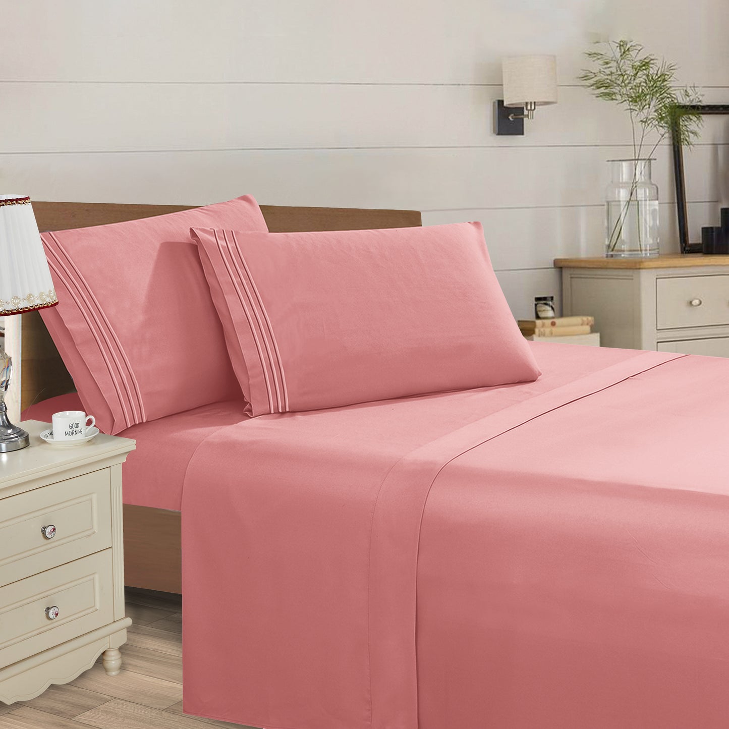 Mocassi 4 Piece 3 Line Embroidered Egyptian Quality Super Soft Wrinkle Resistant 1500 Series Sheet Set (Dark Colors)